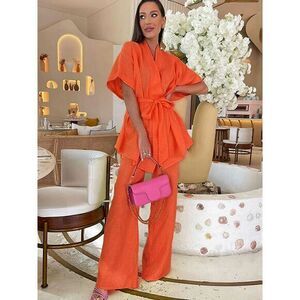 Commense Linen Cotton Orange Two-Piece Set Kimono-Style Top Wide-Leg Pant Outfit
